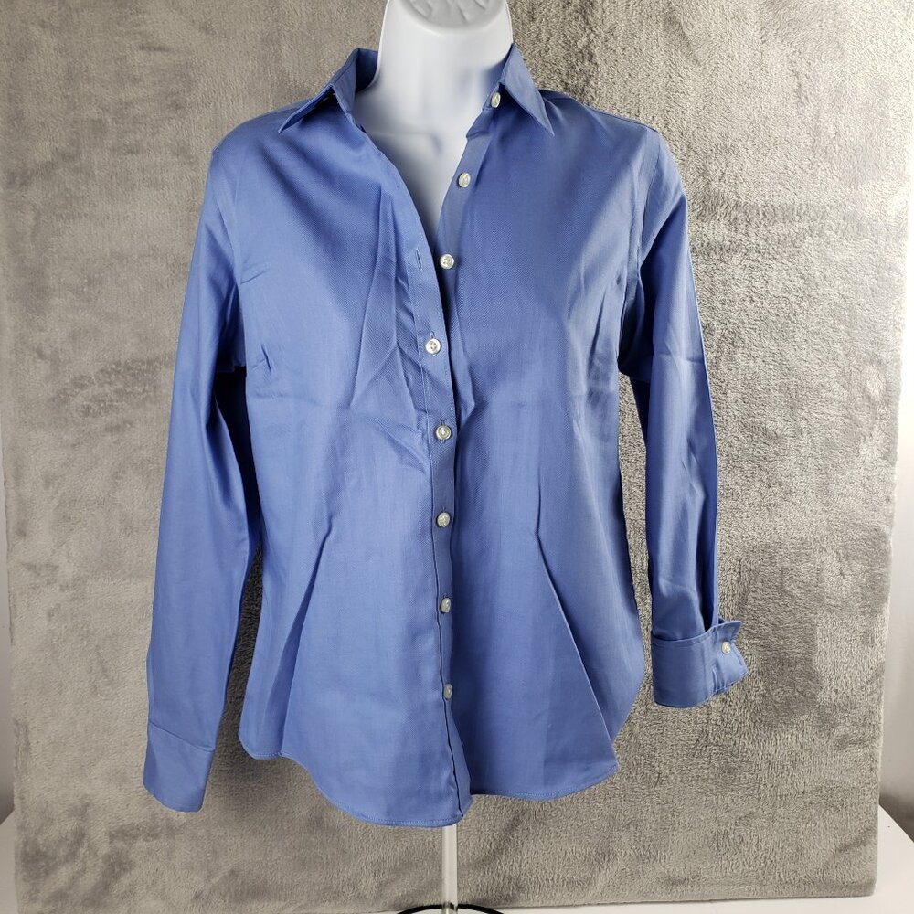 Lands End 2 Blue Pattern Convertible Cuff Long Sleeve Dress Shirt Womens Petite